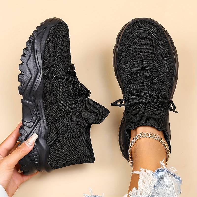 Women chunky knit lace-up sneakers with thick cushioned lightweight sole for all-day comfort