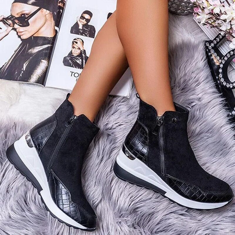 Women's winter wedge ankle boots with side zipper, cushioned sole, stylish comfort heel