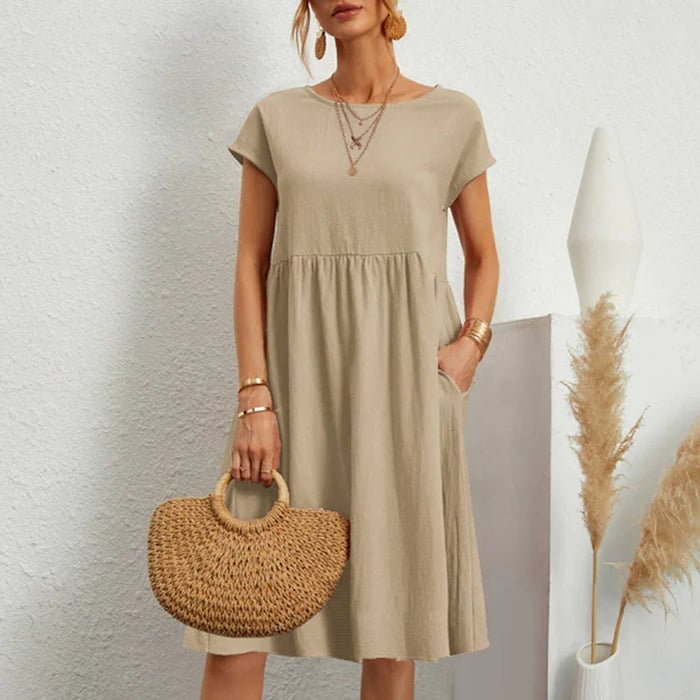 Mila minimalist midi dress for women, elegant round neckline, versatile office-to-event silhouette