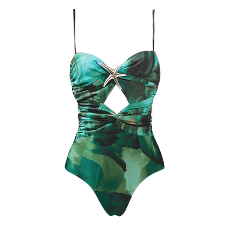 Women's green starfish print ruched one-piece swimsuit and skirt set with high-slit cover-up