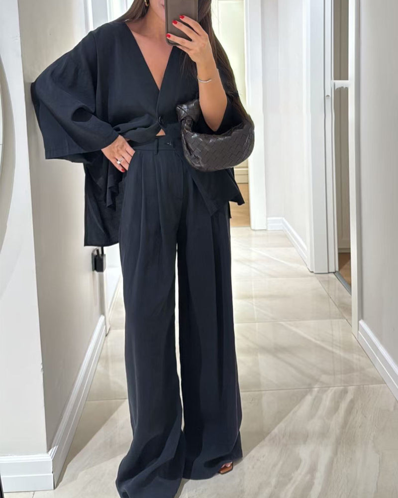 Women's casual solid-color v-neck top and pants two-piece polyester set for everyday wear