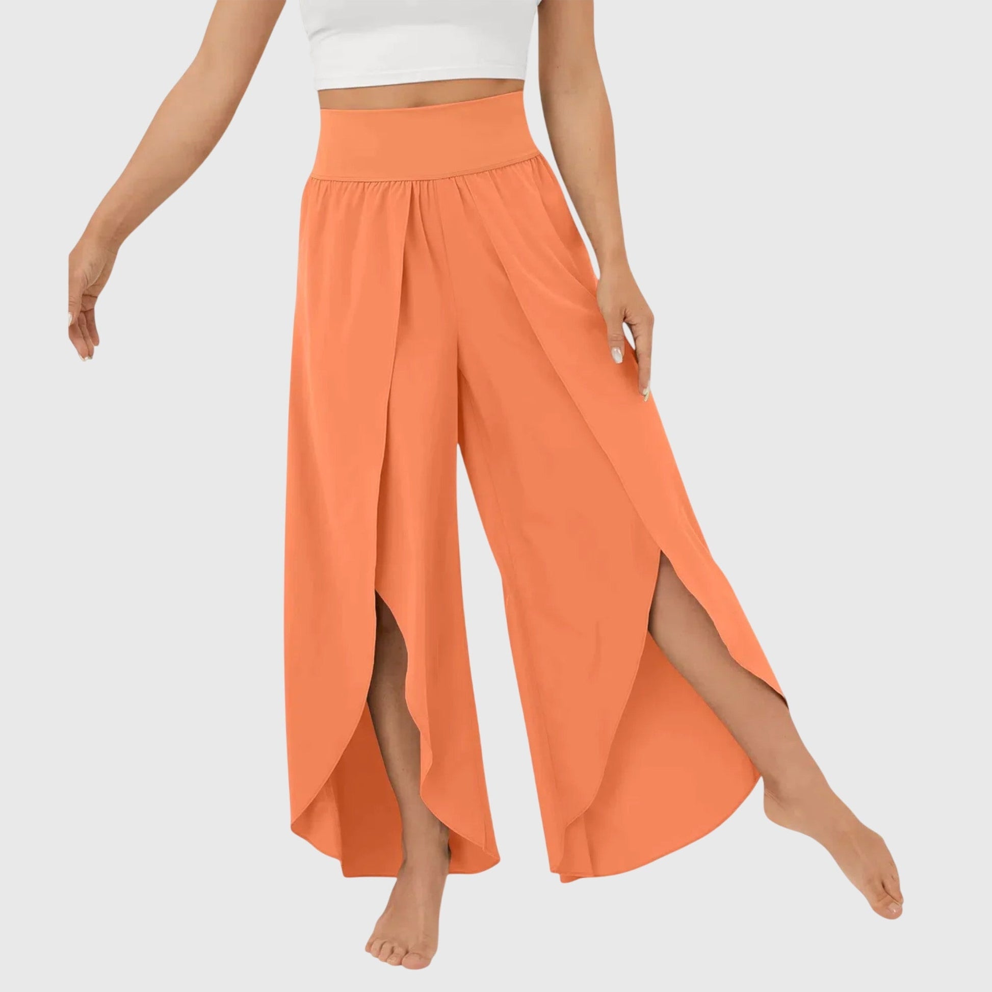 Women's wide leg split hem pants flowing silhouette elongated cut versatile everyday style