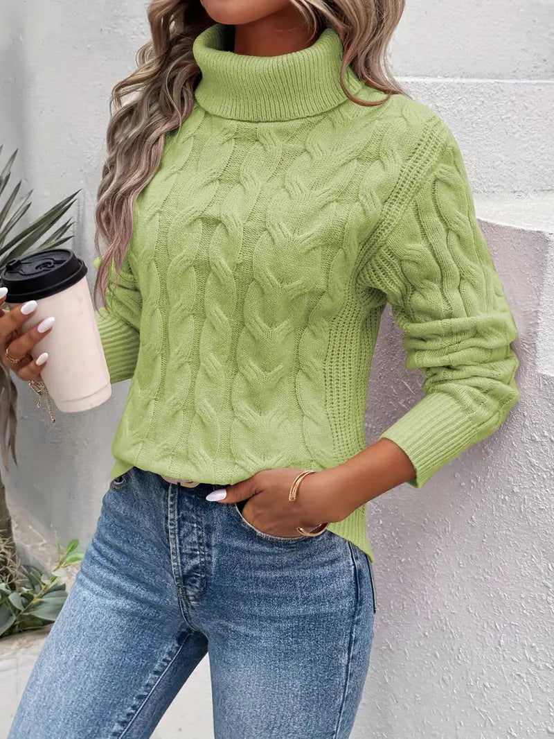 Women's cable knit turtleneck sweater cozy winter style with textured pattern