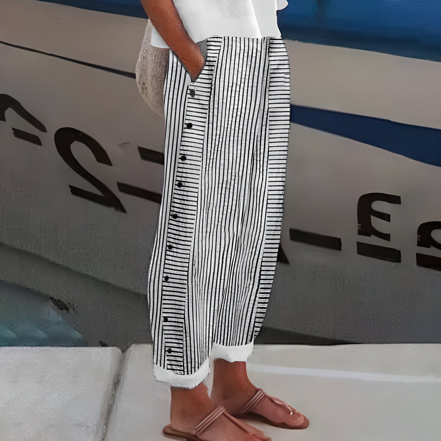 Women's striped linen blend pants relaxed straight ankle-length cut breathable summer travel style