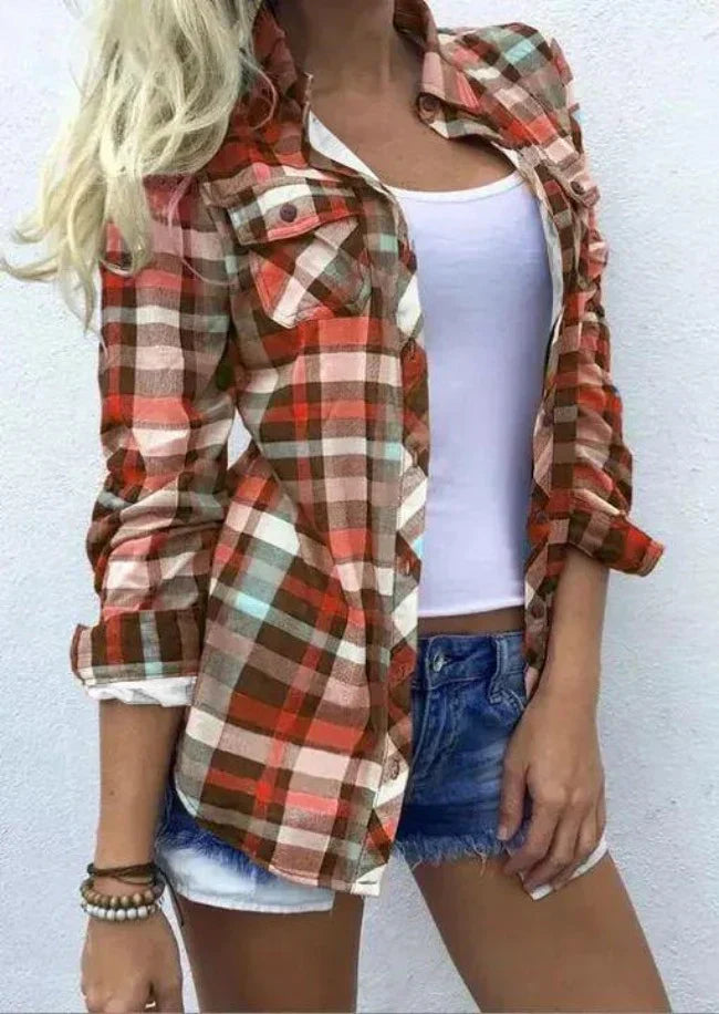 Women's elegant checked blouse in classic plaid pattern, versatile relaxed fit for casual to evening wear