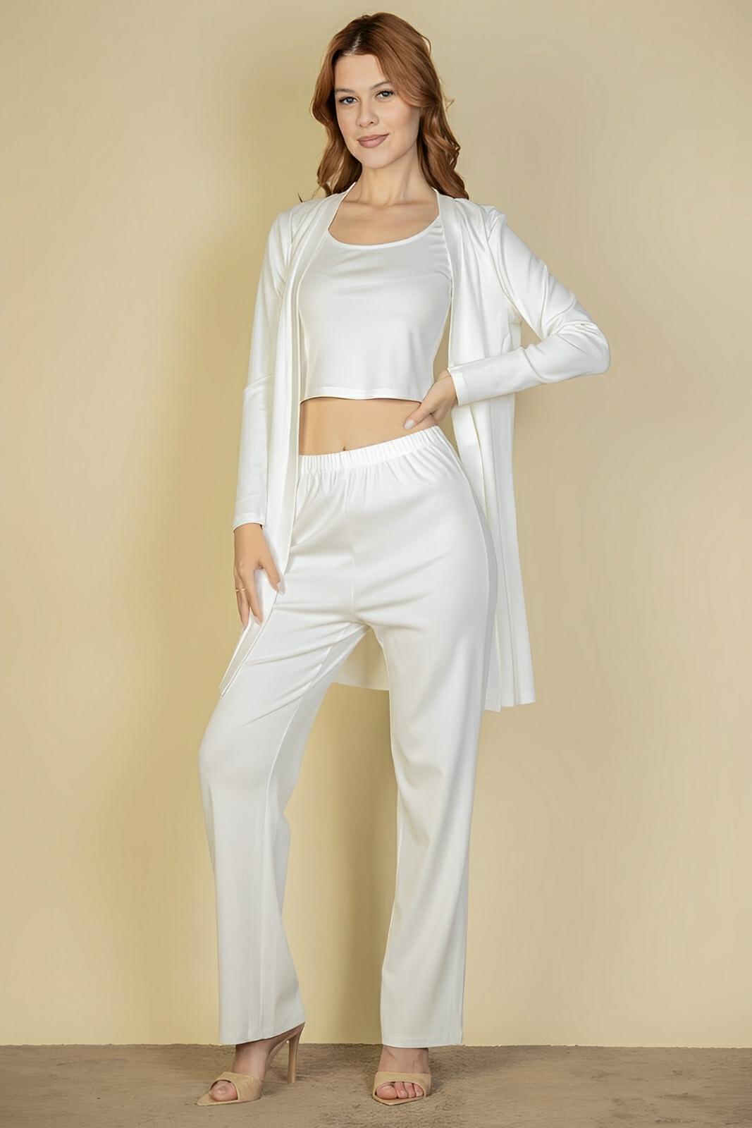 Women's ribbed 3-piece loungewear set cami top wide-leg pants long cardigan cozy fall winter