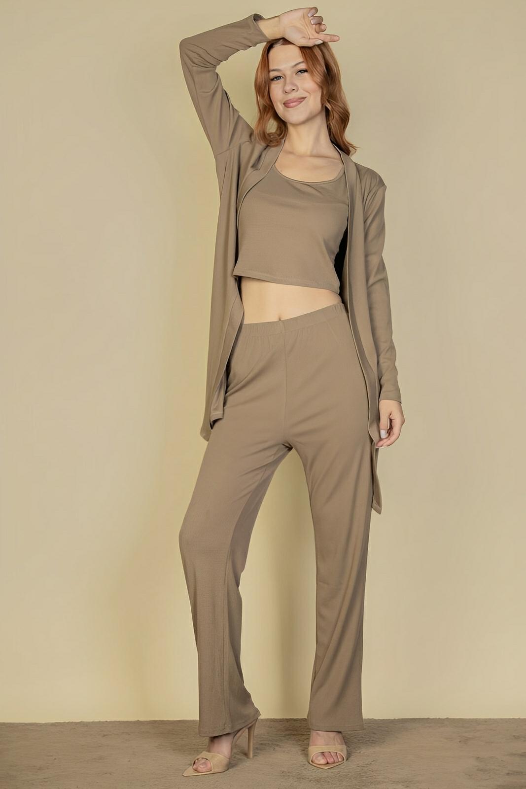 Women's ribbed 3-piece loungewear set cami top long cardigan pants cozy fall winter