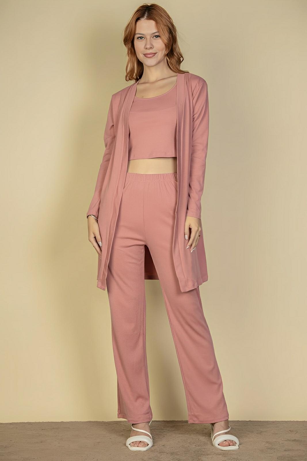Women's ribbed 3-piece loungewear set cami top pants long cardigan cozy fall winter