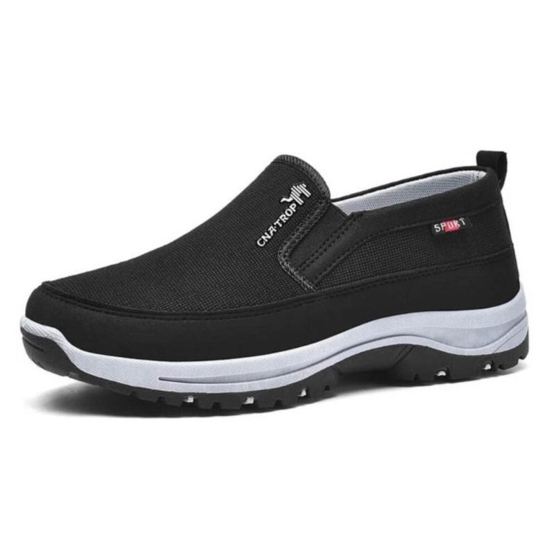 Men's black slip-on shoes breathable textile upper non-slip rubber sole casual everyday comfort