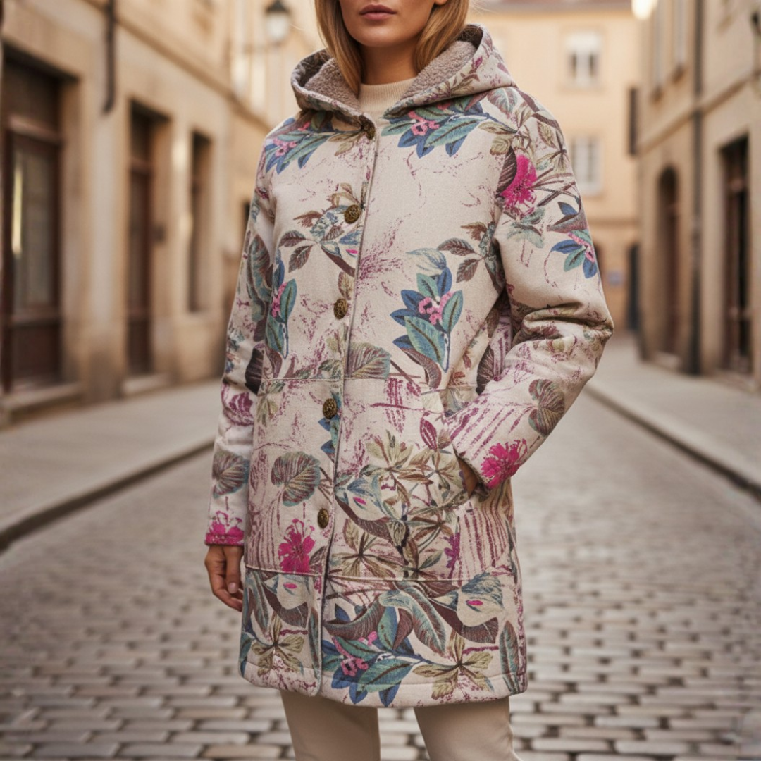 Women's floral hooded zip winter jacket with warm lining, cozy feminine silhouette for cold days