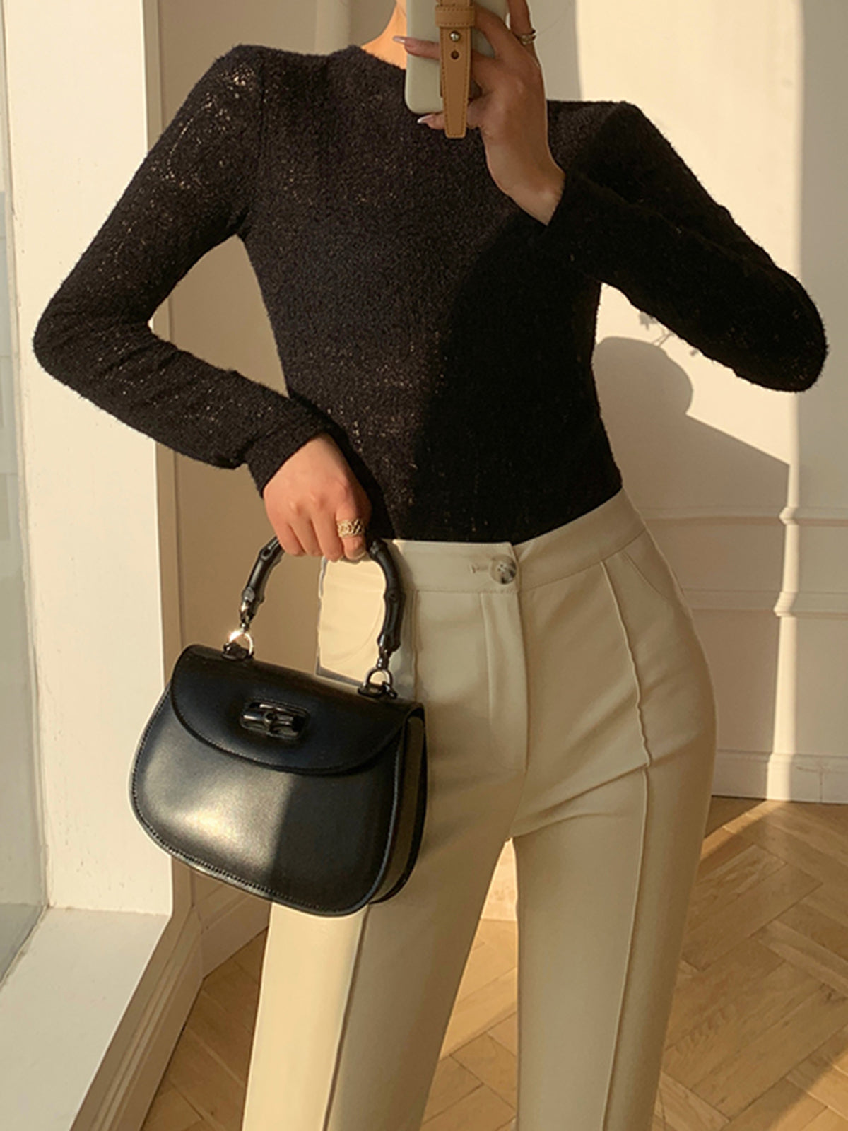 Women's floral hollow knit crew neck long sleeve top elegant stretch workwear office casual