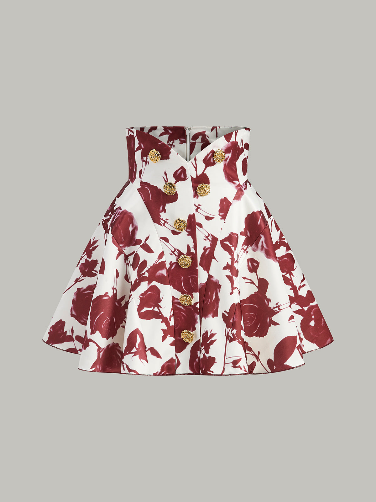Black white floral print high waist mini skirt with gold-tone button detail, chic office to evening style