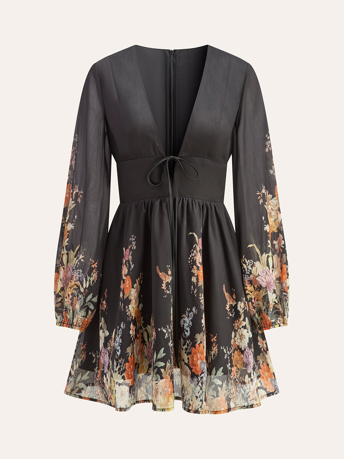 Floral print tie-front midi dress with V-neck, long sleeves, and adjustable tie neckline