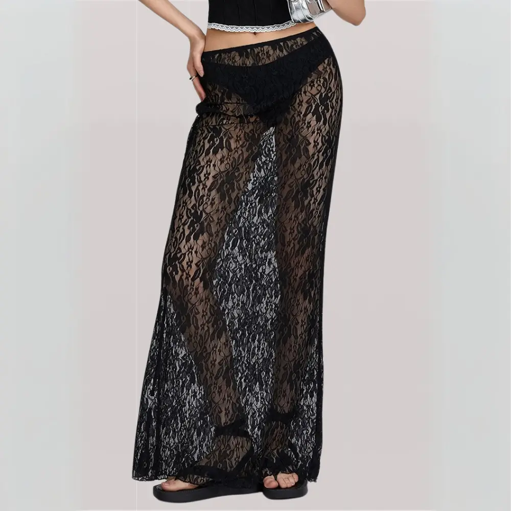Ivory floral lace maxi skirt boho vintage style with delicate feminine texture