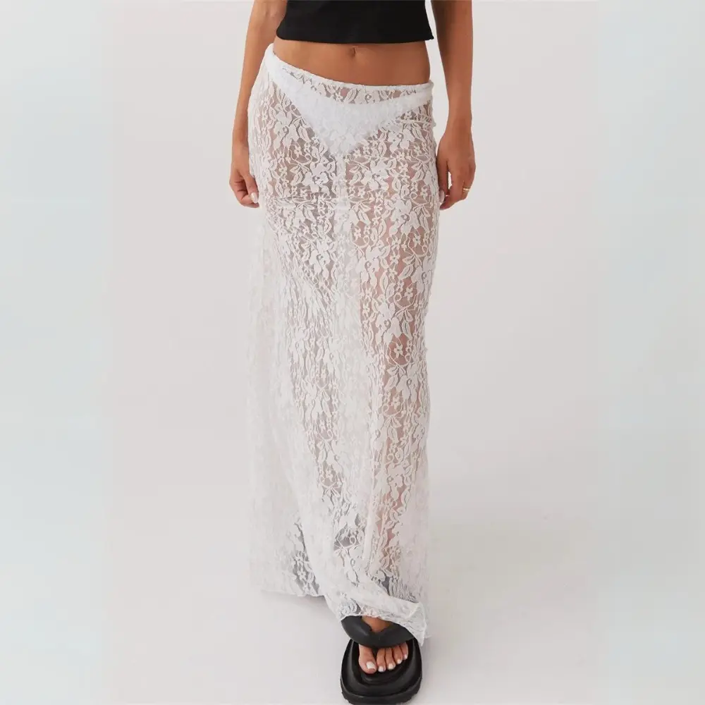 Ivory floral lace maxi skirt boho vintage style with delicate feminine texture