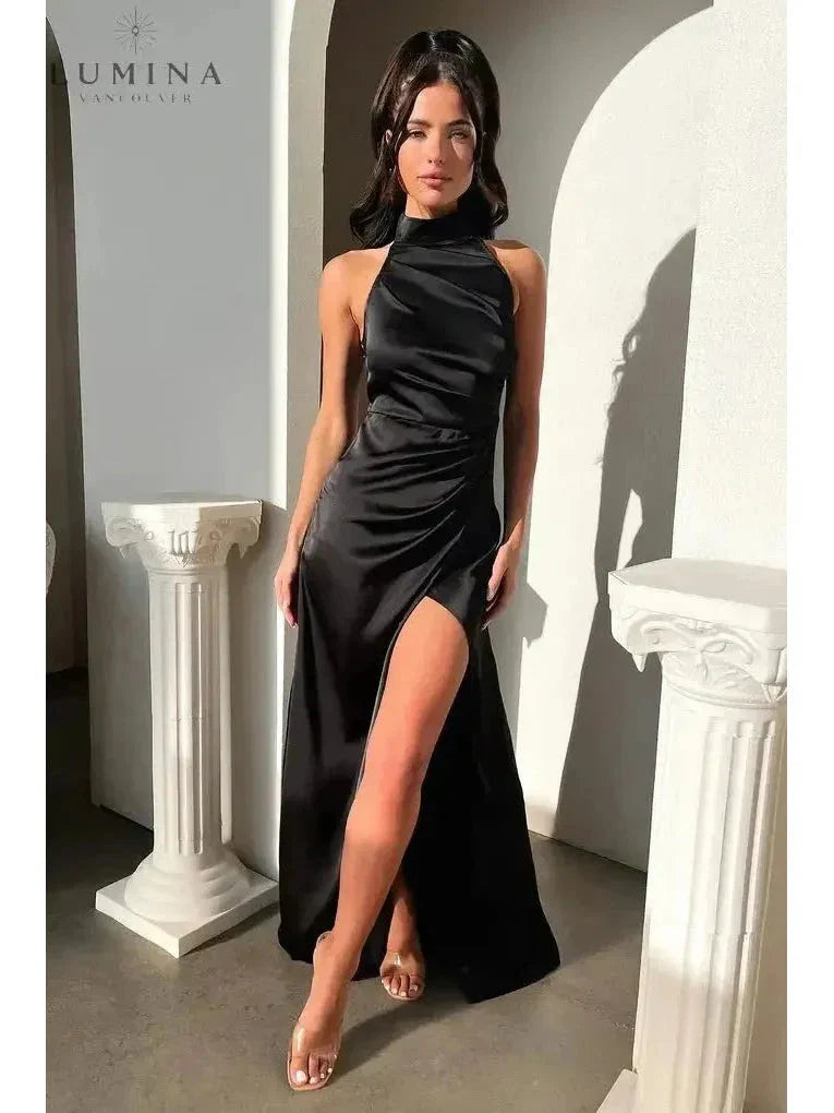 Florencia halterneck sleeveless maxi dress with daring side slit, elegant formal evening gown