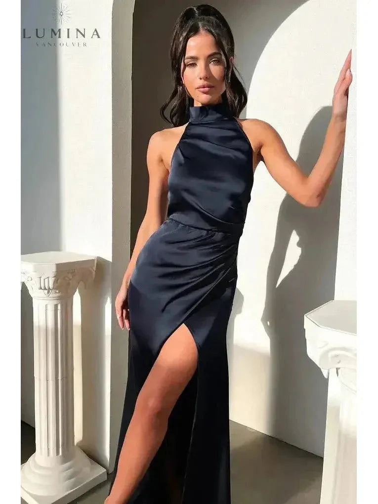 Florencia halterneck sleeveless maxi dress with daring side slit, elegant formal evening gown
