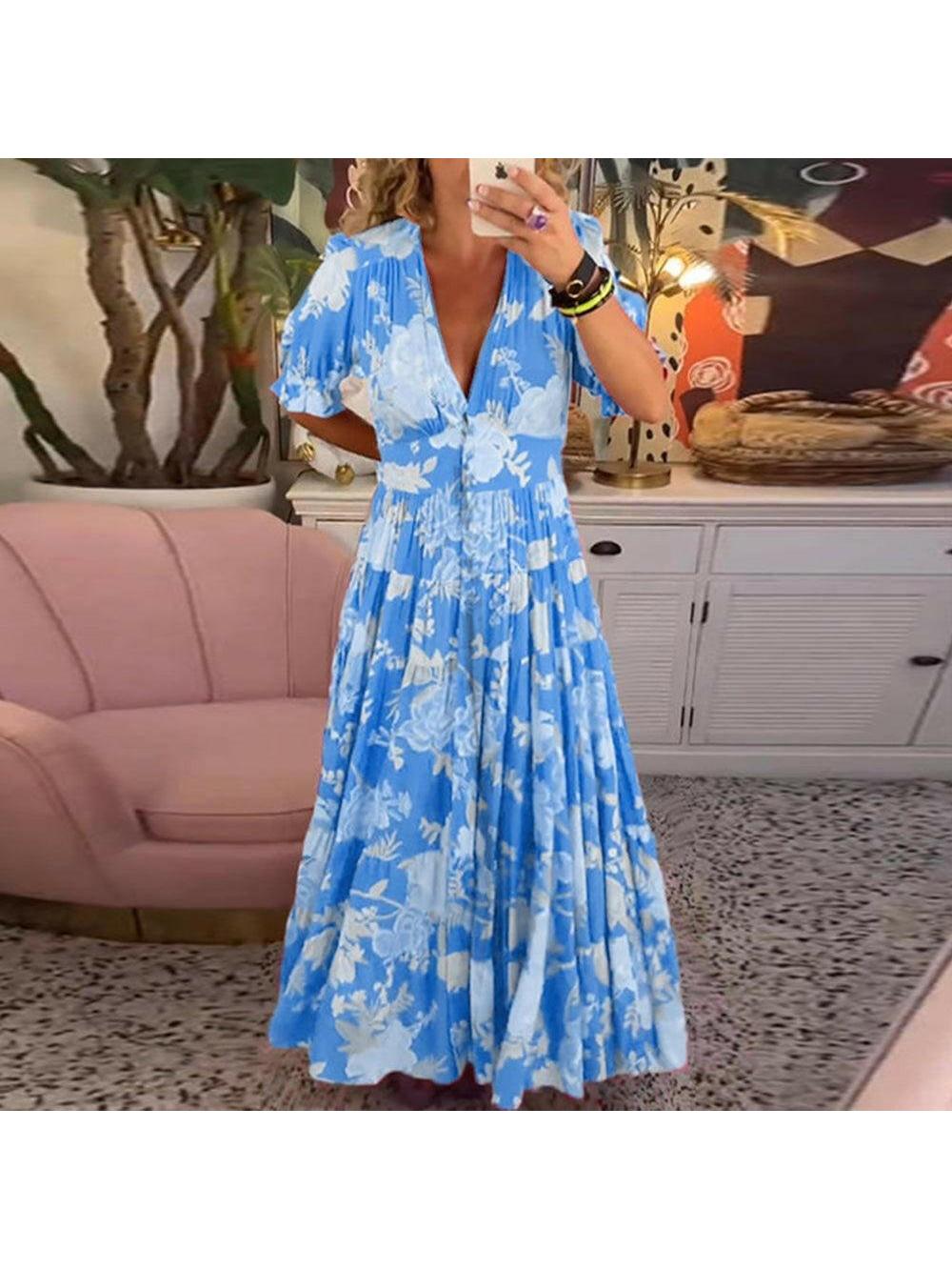 Floriana vibrant floral maxi dress women bold colorful print flowing silhouette V-neckline