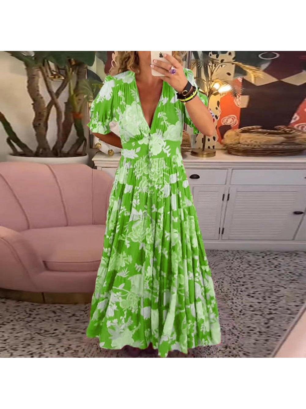 Floriana vibrant floral print maxi dress women bold colorful flowing silhouette V-neckline
