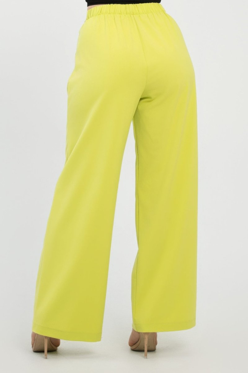 Khaki wide-leg polyester pants with fold-over button accent waistband for professional women