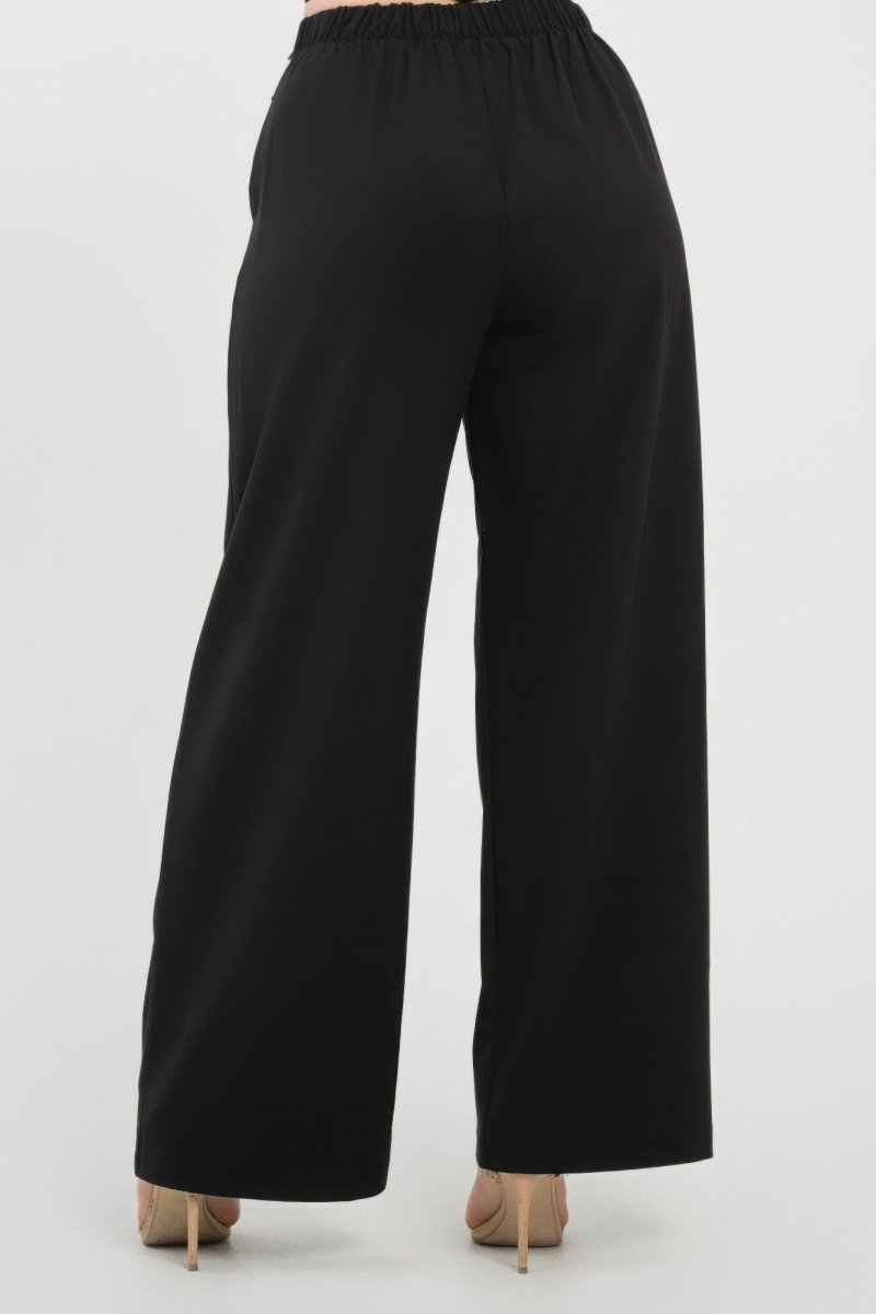 Khaki wide-leg polyester dress pants with fold-over button accent waistband for professional women