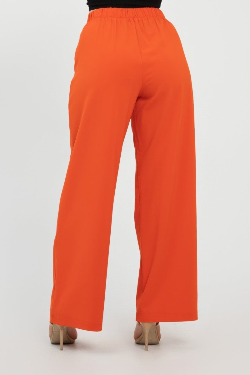 Khaki wide-leg polyester pants with fold-over button-accent waistband for professional women