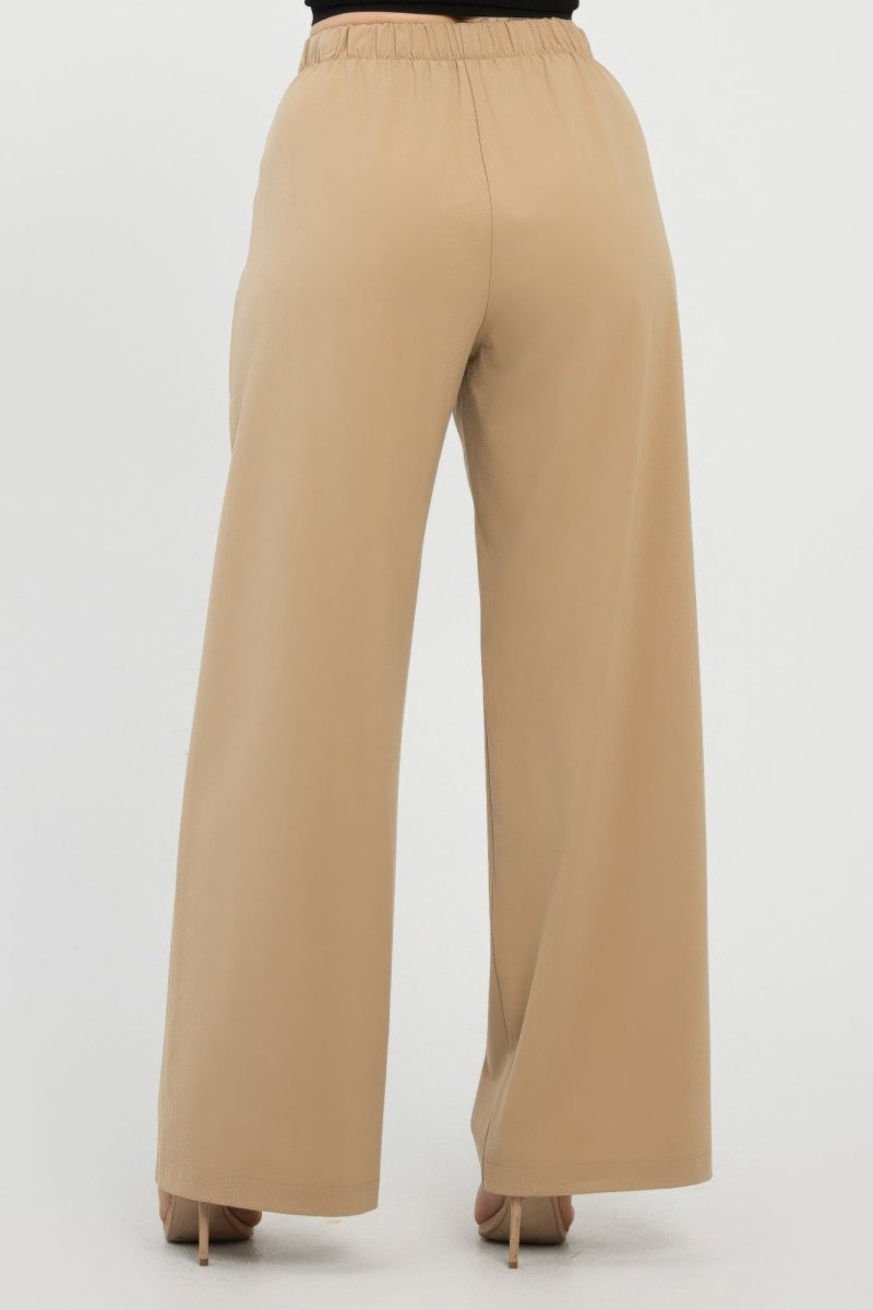 Khaki wide-leg polyester dress pants with fold-over button accent waistband for professional women