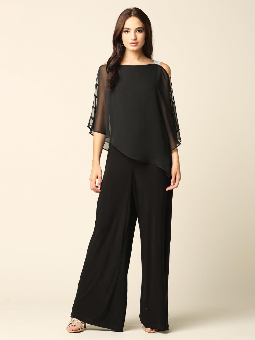Elegant black chiffon cape overlay jumpsuit with stretch jersey base, formal dramatic silhouette