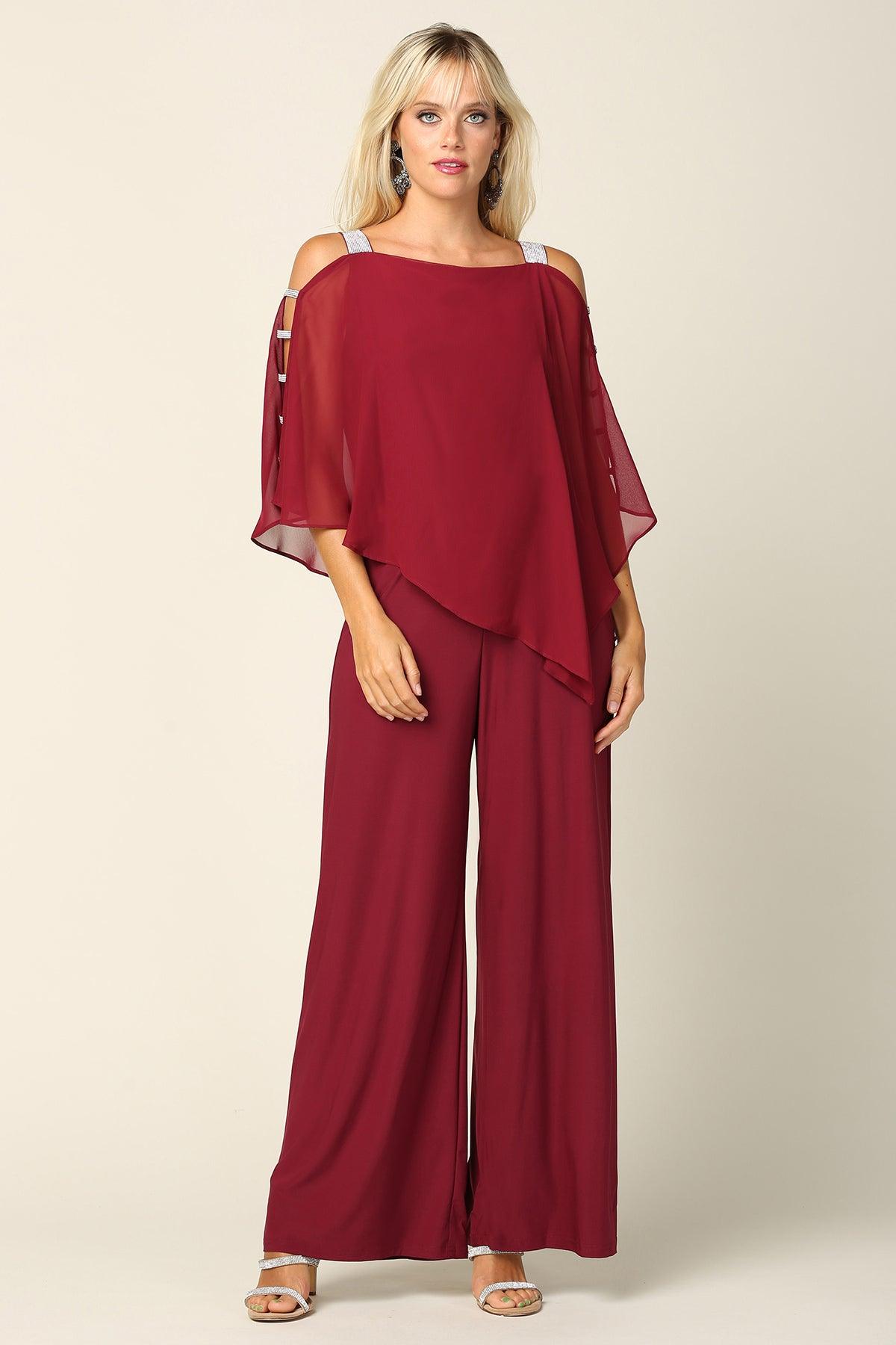 Elegant black chiffon cape overlay jumpsuit with stretch jersey base, formal slim silhouette