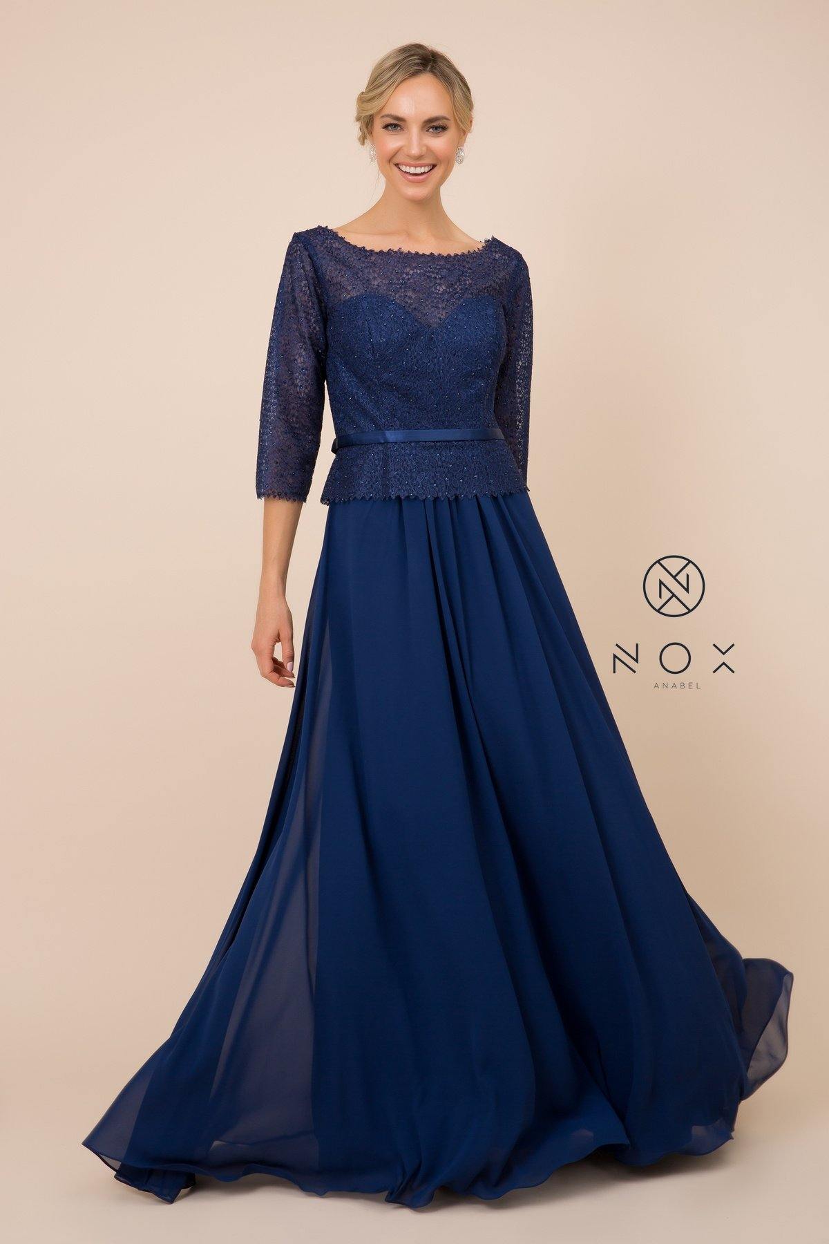 Elegant long mother of bride dress, lace bateau neckline, quarter sleeves, waist-wrapped silhouette