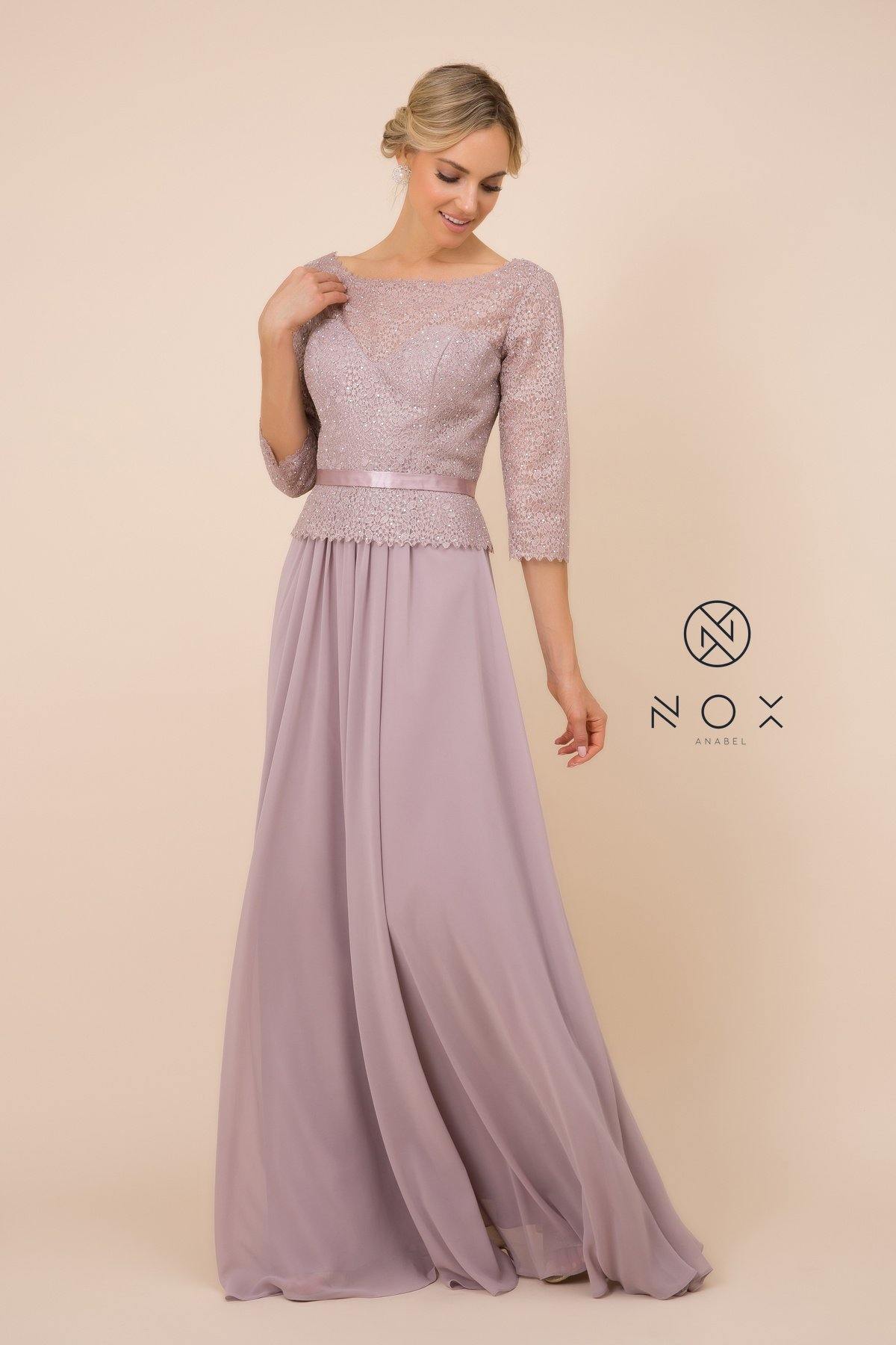 Elegant long mother of the bride dress, lace bateau neckline, quarter sleeves, waist-wrapped silhouette