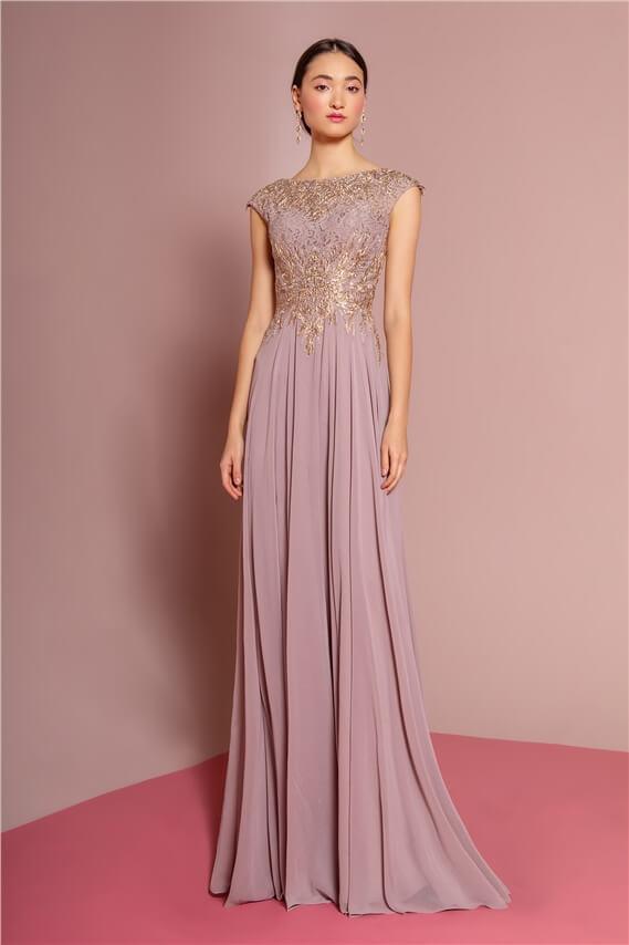 Plus size mother of bride champagne chiffon A-line gown lace bodice cap sleeves formal maxi dress