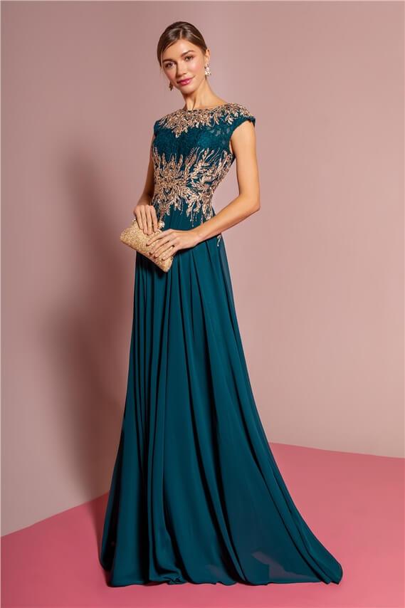 Plus size mother of bride dusty blue chiffon A-line gown lace bodice cap sleeves