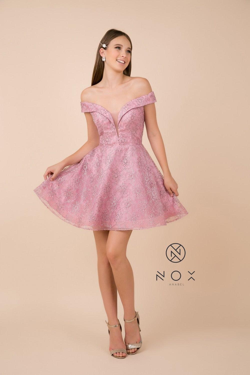 Women's off-shoulder short formal dress, sheer bust inset, pleated A-line skirt, homecoming glamour