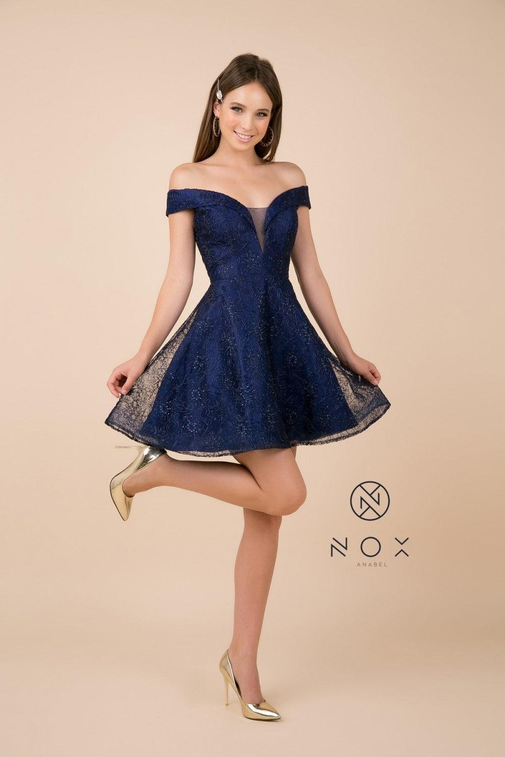 Women's short A-line homecoming dress, off-shoulder sheer bust, pleated formal style in elegant design