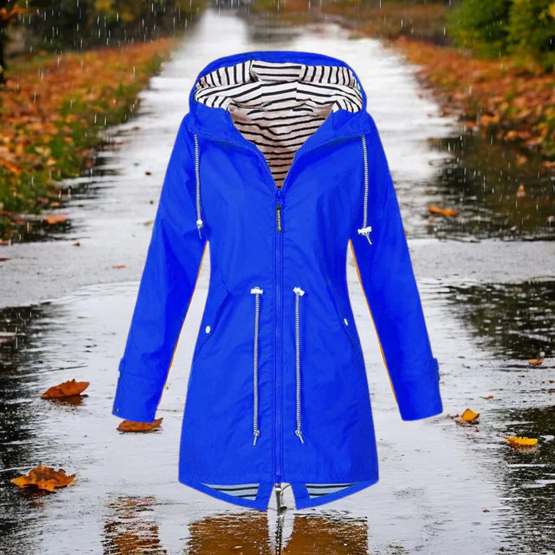 Women's waterproof raincoat in classic fall tones with adjustable hood, stylish slim-fit rain jacket