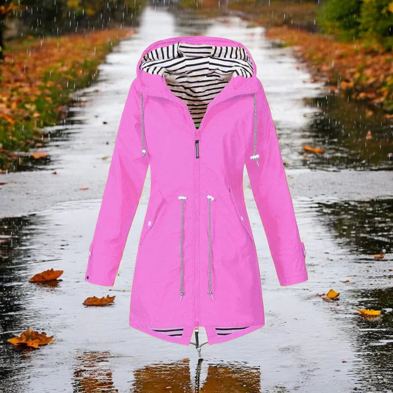 Women's waterproof raincoat in classic fall tones with stylish cut and fully adjustable hood