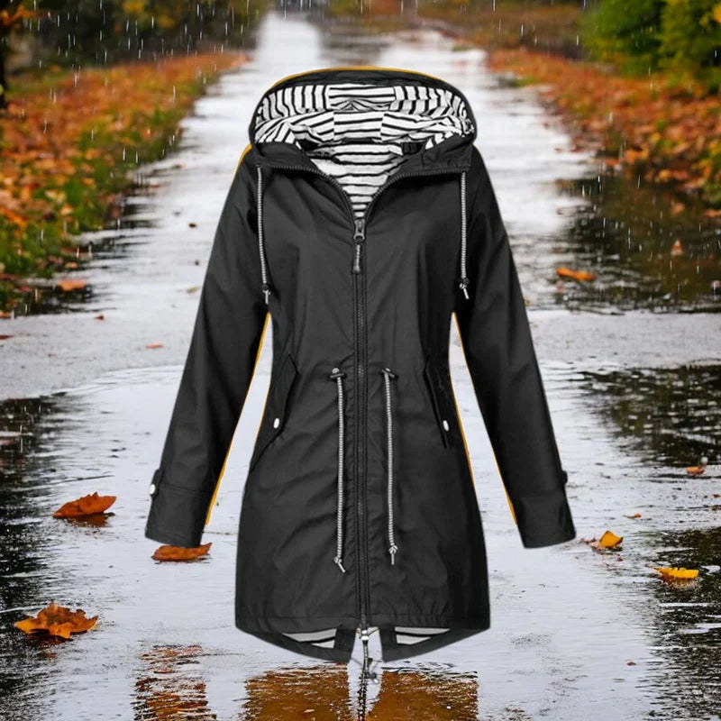 Women's waterproof raincoat in sleek fall style with fully adjustable hood for wet weather protection