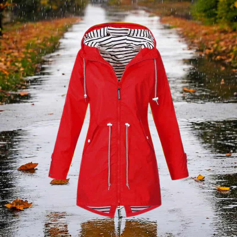 Women's waterproof raincoat in stylish fall cut with fully adjustable hood for wet weather protection