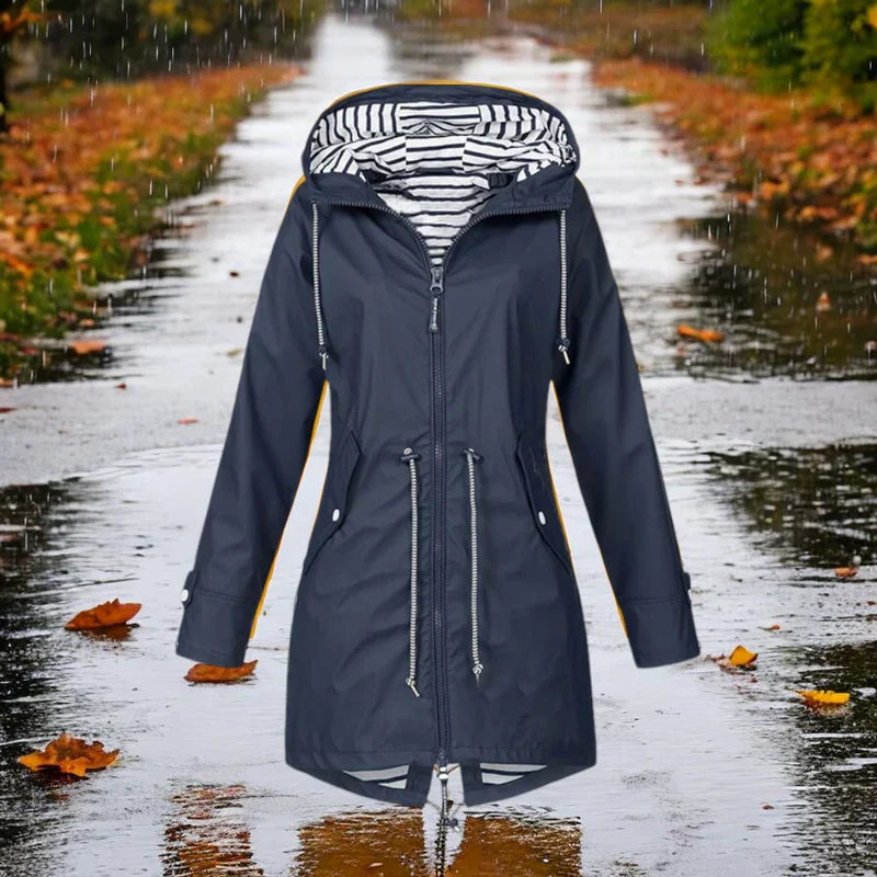 Women's waterproof raincoat in classic fall tones with adjustable hood, stylish slim-cut rain jacket