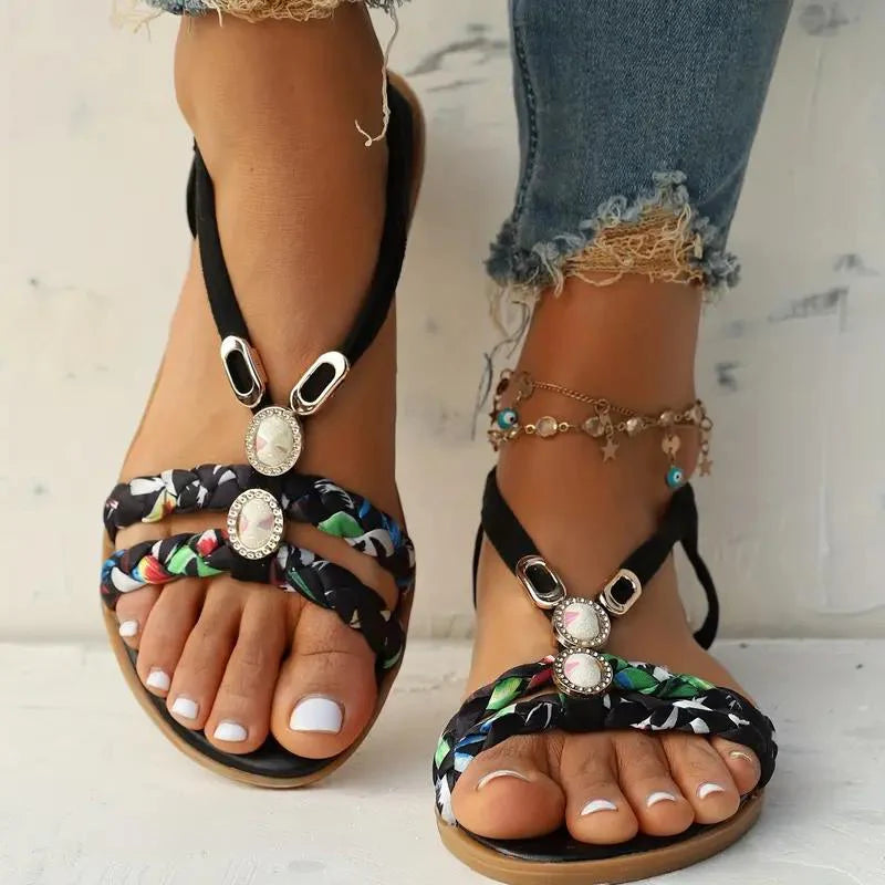 Boho women's sandals soft sole low wedge heel floral design summer beach comfort