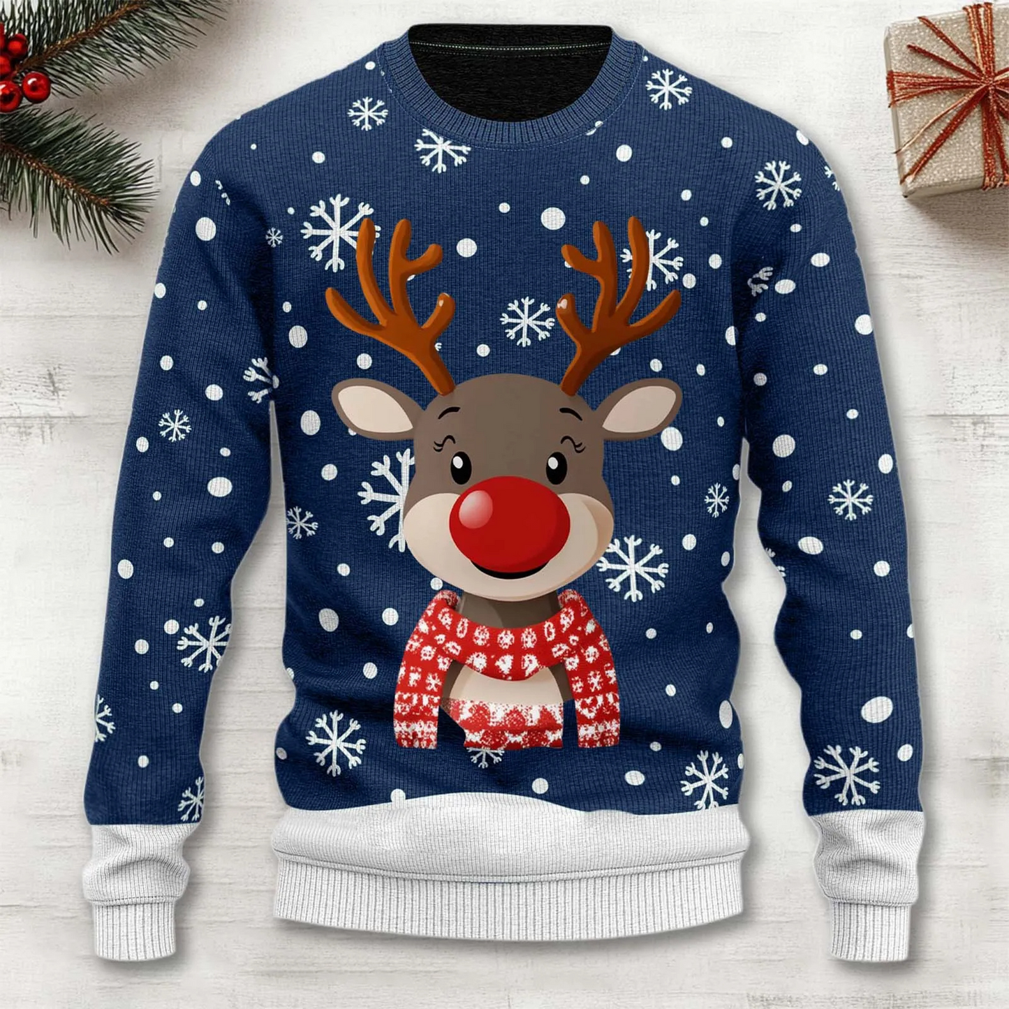 Red Christmas reindeer knit sweater cozy holiday pullover with festive intarsia pattern