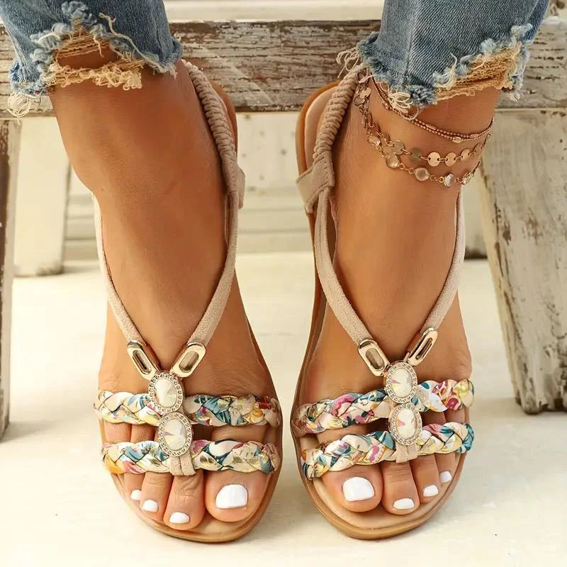 Boho women's sandals floral design soft sole low wedge heel summer beach comfort open toe