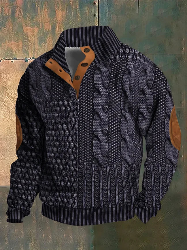 Men's warm knit sweater regular fit with buttoned collar and leather details in cozy neutral tones
