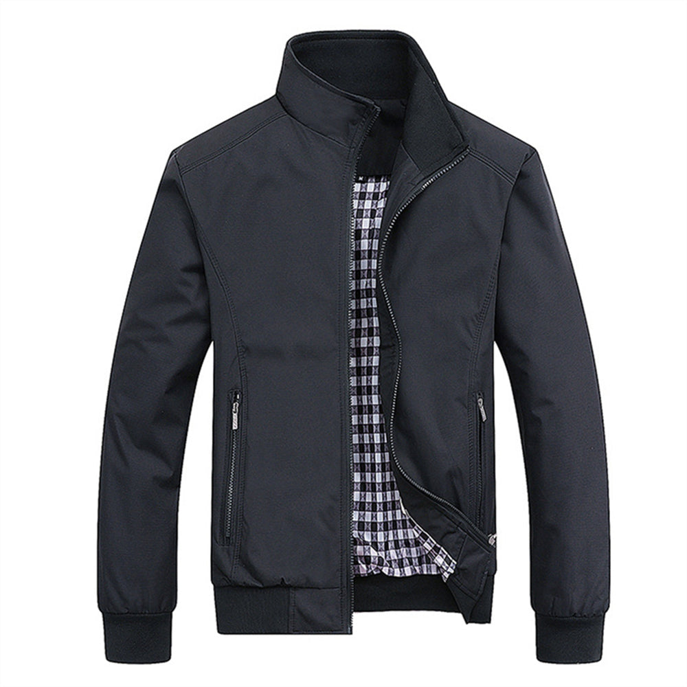 Men's lightweight zip-up jacket with stand-up collar, straight fit, windproof slim silhouette