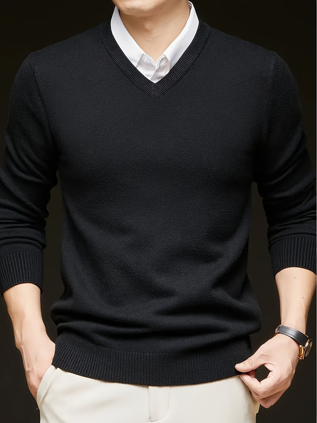 Men's classic V-neck knit sweater slim modern cut versatile office casual winter layer