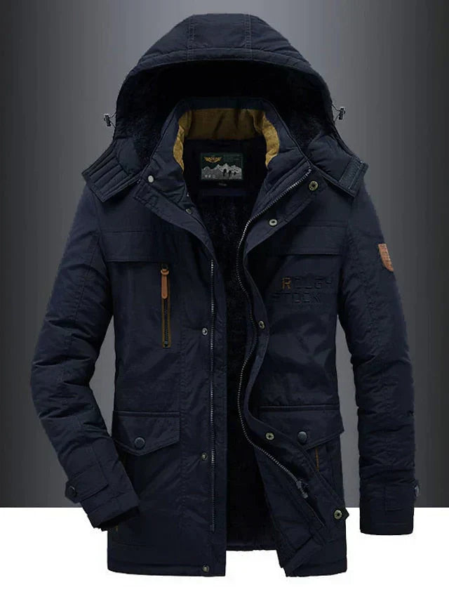 Men's olive military winter coat regular fit with soft lining and rugged synthetic midweight construction