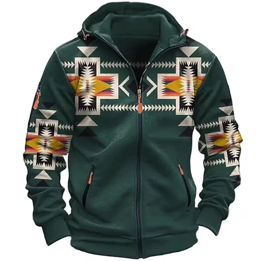 Men's zip-up hoodie winter jacket colorful unique pattern regular fit adjustable hood
