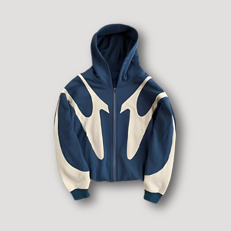 Men's relaxed fit zip hoodie with curved panel design for streetwear layering style