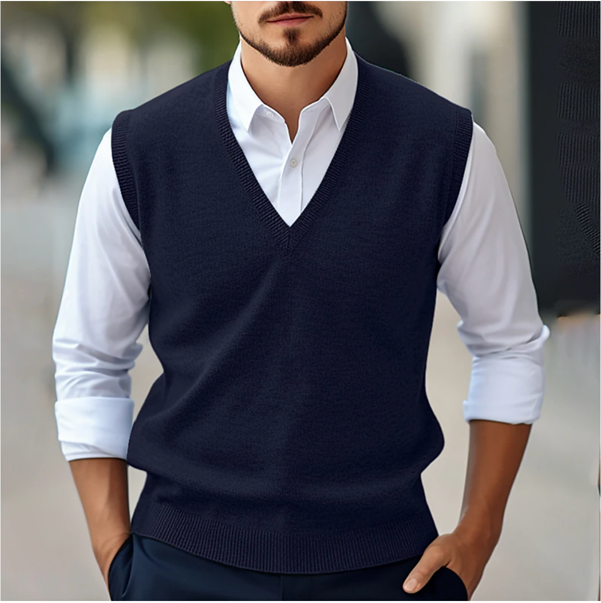 Men's gray V-neck knit vest, polished office layering essential with classic silhouette